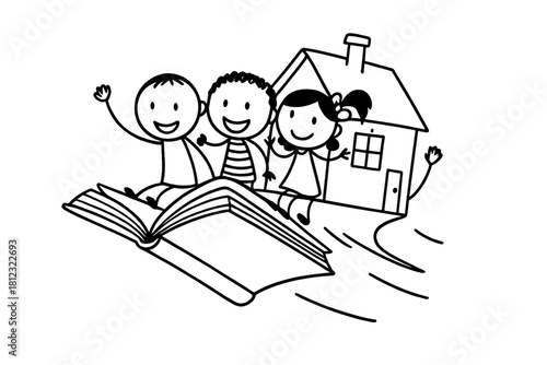 Three smiling kids riding a giant flying book approaching a residential home