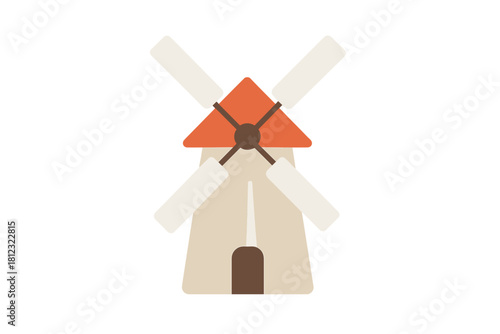Minimalist stylized windmill structure with rotating blades and orange triangular roof