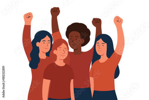 Diverse group of women raising fists together symbolizing female power and social activism