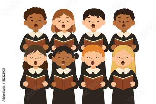 Diverse children's choir singing holding songbooks while wearing black robes