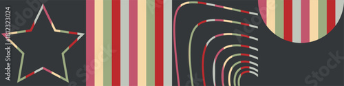 A set of geometric striped backgrounds in a retro style consisting of colored stripes, a star outline, and a semicircle on a dark background