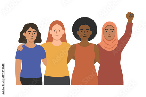 Diverse group of four women standing together in solidarity and empowerment raising a fist