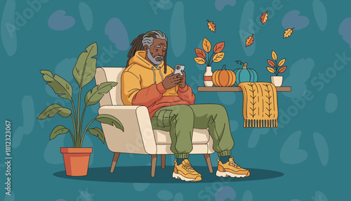 Senior man uses smartphone at home enjoying cozy autumn comfort