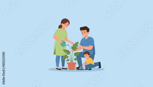 Happy family tending a potted plant Parents teach their young son gardening skills and ecofriendly habits