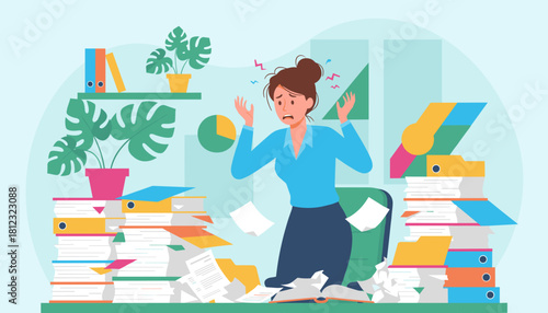 Businesswoman stressed by excessive paperwork and demanding office workload