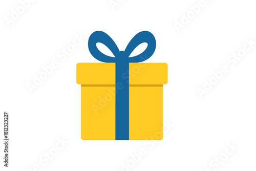 Bright yellow present box wrapped with a contrasting blue ribbon and decorative bow