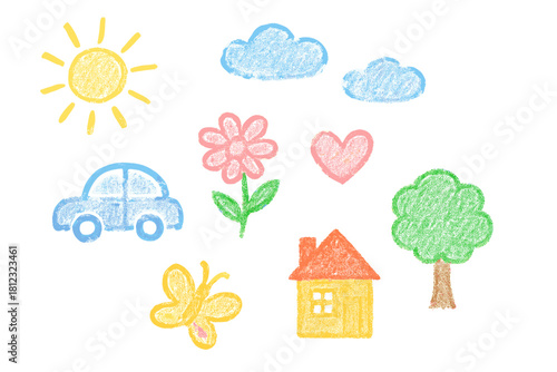 Hand drawn crayon style collection of cute elements including sun, clouds, car, flower, house, and tree