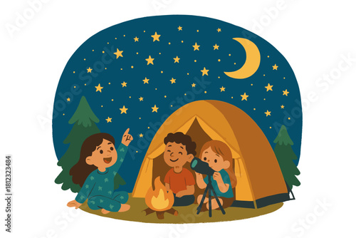 Diverse group of happy children camping and stargazing at night by a warm campfire