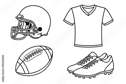 Essential American football equipment set featuring helmet, jersey, ball, and cleats