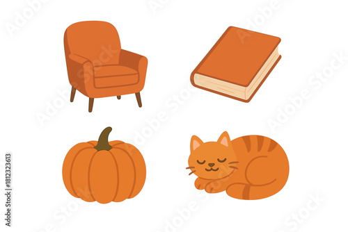 Cozy autumn elements set featuring a comfortable armchair, sleeping cat, pumpkin, and closed book