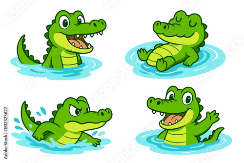 Cute cartoon crocodiles swimming and relaxing in water displaying various emotions
