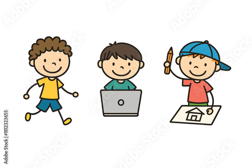 Three happy young boys engaged in various activities including drawing, computing, and playing