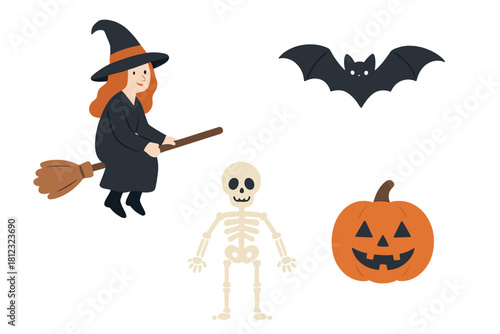 Cute Halloween character set with flying witch, spooky bat, smiling skeleton, and carved pumpkin