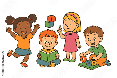 Diverse group of elementary school children engaged in learning and playful activities