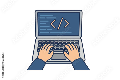 Hands typing on a laptop keyboard displaying programming code symbols for software development