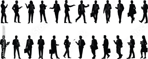 PrintA diverse collection of business people silhouettes, including men and women in suits, engaged in walking, talking, and working actions, representing corporate success and teamwork.