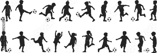 PrintA diverse collection of children playing soccer silhouettes, engaged in various dynamic kicking, running, and jumping actions, illustrating youth sports and active healthy lifestyle.