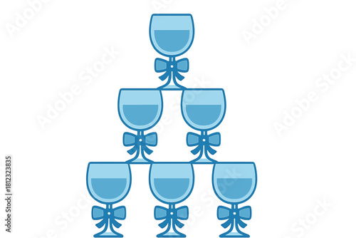 Six blue cocktail glasses stacked in a pyramid formation decorated with festive bows