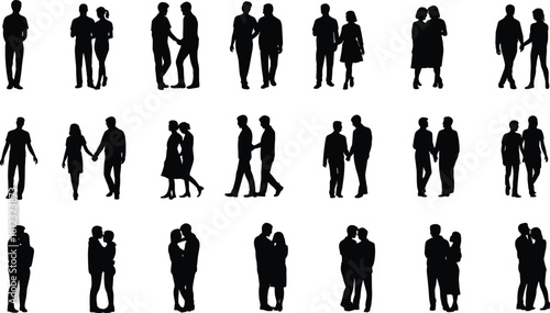 PrintA diverse collection of couple silhouettes, featuring various walking, hugging, and intimate poses for men, women, and same-sex partners, symbolizing love and relationships.