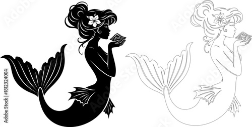 A captivating silhouette of a mermaid holding a seashell, her flowing hair adorned with a flower, set against a pristine isolated on