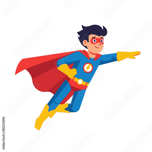Cartoon superhero boy flying with cape and mask, ready to save the day.