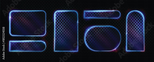Abstract futuristic neon shapes on a dark textured background, featuring glowing blue and purple light effects and geometric rounded forms. Modern digital design suitable for technology, UI/UX.