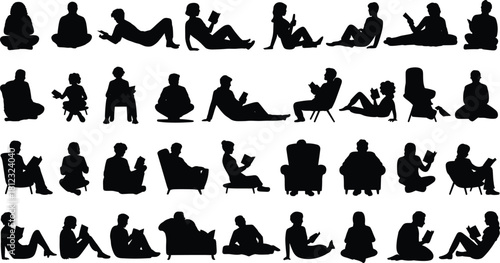 PrintA large diverse set of people reading book silhouettes, sitting and lying in various relaxed poses, illustrating education, hobbies, leisure, and quiet contemplation.