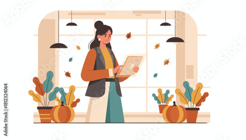 Annoyed professional woman using tablet in an autumn office setting Fall workload stress