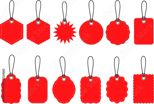 Collection of red price tags with various shapes isolated on, representing retail, sale, discount, and promotional offers for shopping