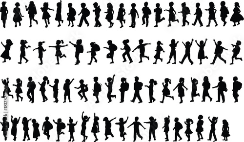 PrintA massive diverse collection of children silhouettes running, jumping, playing, and walking in various dynamic poses, representing childhood, school, and active lifestyle.