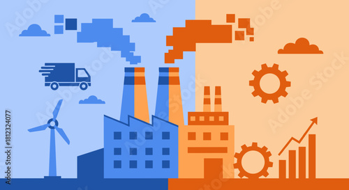 Industrial illustration showing logistics clean energy factories and economic development