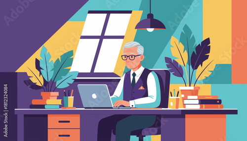 Successful senior professional working remotely on a laptop in a modern colorful home office