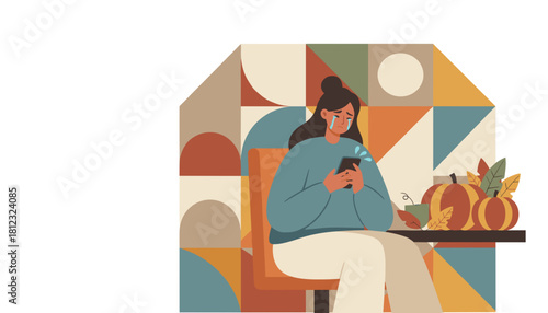 Upset woman crying and using smartphone indoors during autumn Digital sadness bad news or anxiety