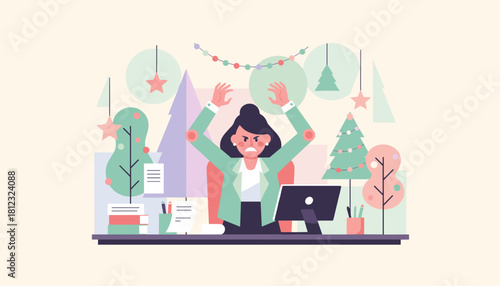 Stressed businesswoman overwhelmed by work and deadlines during the busy holiday season