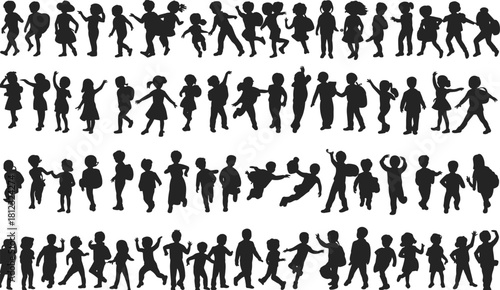 PrintA massive diverse collection of children silhouettes running, jumping, playing, and walking in various dynamic poses, representing childhood, school, and active lifestyle.