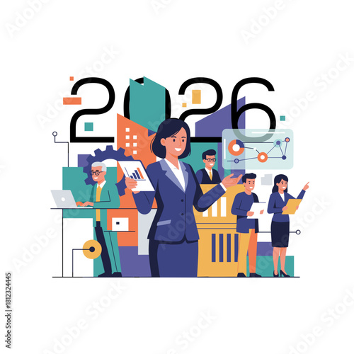 Business team analyzing data and planning strategy for the future highlighting 2026 goals and projections