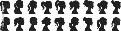 PrintA vector set of female head silhouettes showcasing various ponytail, bun, and hairstyle profiles, representing beauty, identity, and diverse young women's profiles.