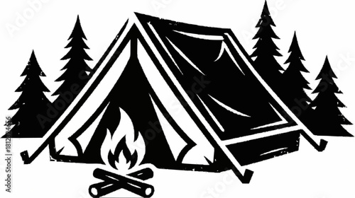 Vector image of a tent with a campfire and trees