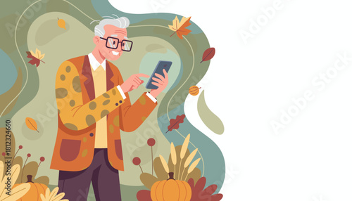Happy senior man uses smartphone in autumn setting with pumpkins and leaves Copy space illustration