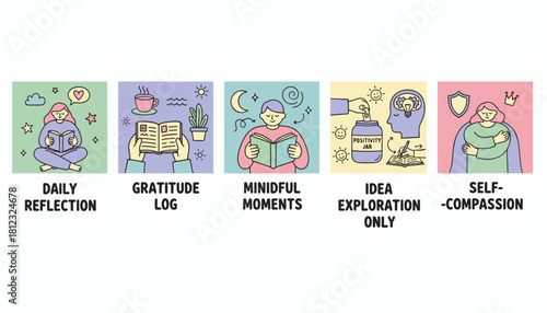 Wellness routine illustration showing selfcare habits like reflection gratitude and mindfulness