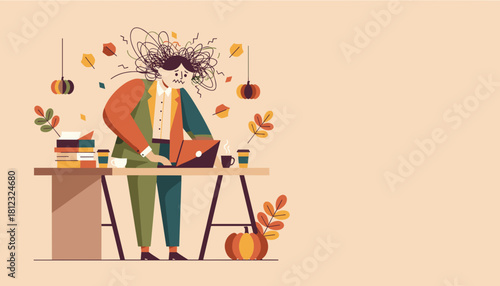 Overworked employee feeling autumn deadline stress and burnout at office desk