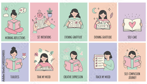 Selfcare journaling routine illustrations reflection gratitude creative expression and mood tracking