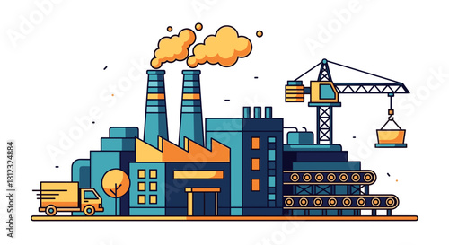 Modern factory illustration with smokestacks conveyor belt crane and delivery truck Production concept