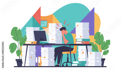 Overwhelmed office worker suffering from stress headache and massive paperwork overload