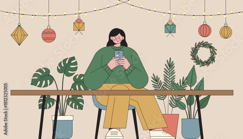 Relaxed woman using smartphone under festive string lights and houseplants