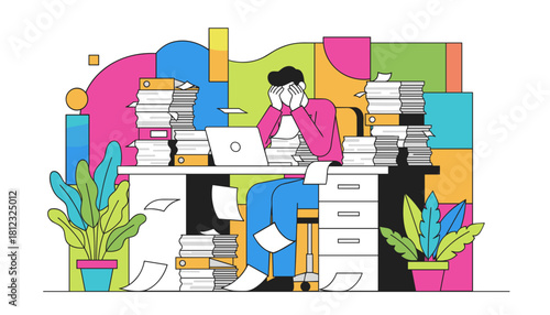 Business burnout Stressed worker buried under massive paperwork Deadline pressure concept