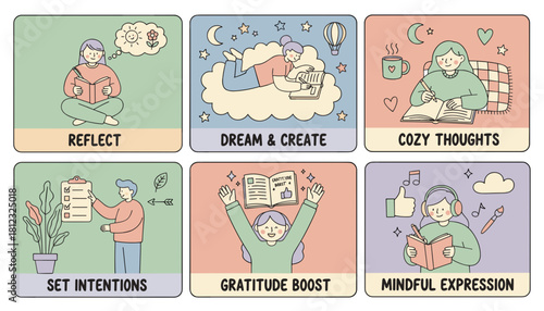 Six selfcare illustrations reflection gratitude dreaming intentions and mindful journaling for wellness