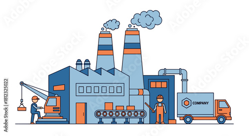 Industrial factory complex illustration with workers production line crane and delivery truck