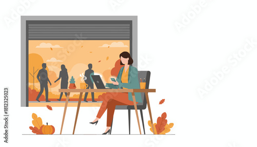 Professional woman works at desk on laptop and phone during fall watching commuters outside