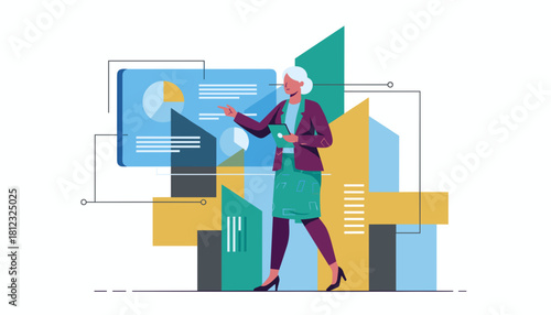 Senior businesswoman analyzing data and graphs on a virtual screen Business presentation concept